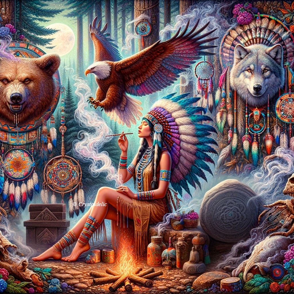 Native American Woman in Traditional Attire by Campfire