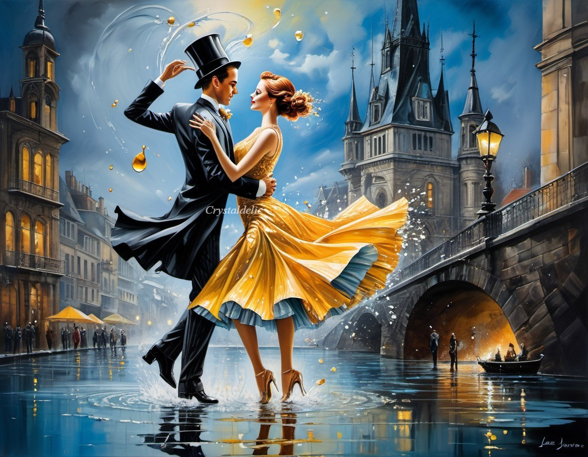 Elegant couple dancing on wet cobblestone street at twilight