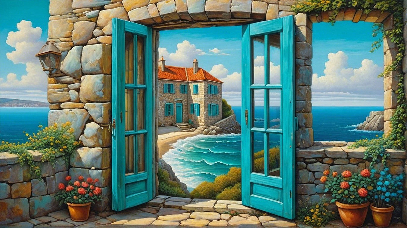 Seaside Scene with Turquoise Doors and Red Rooftops