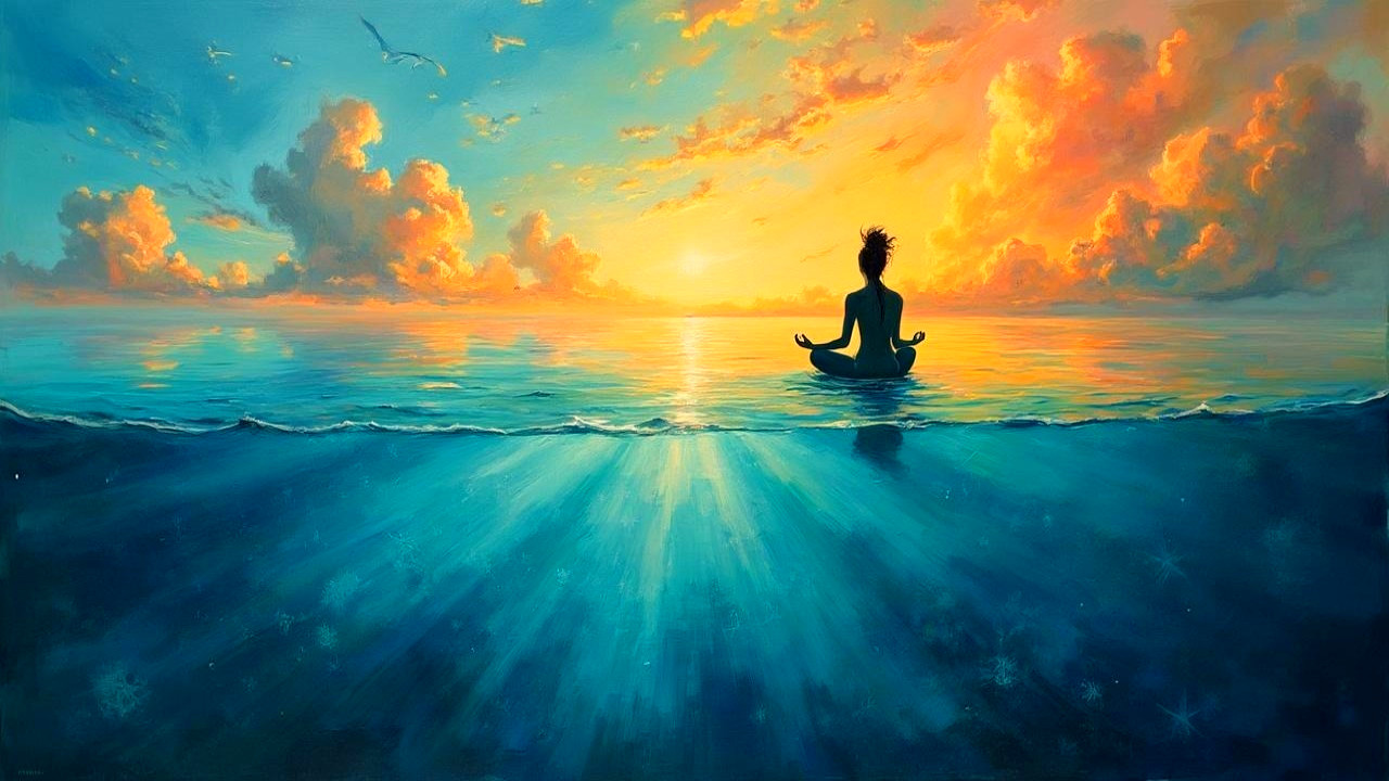 Meditation on Ocean at Sunset with Vibrant Colors