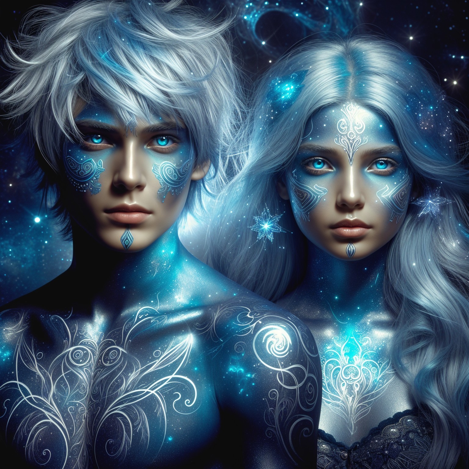 Ethereal Duo with Luminous Blue Skin and Cosmic Patterns