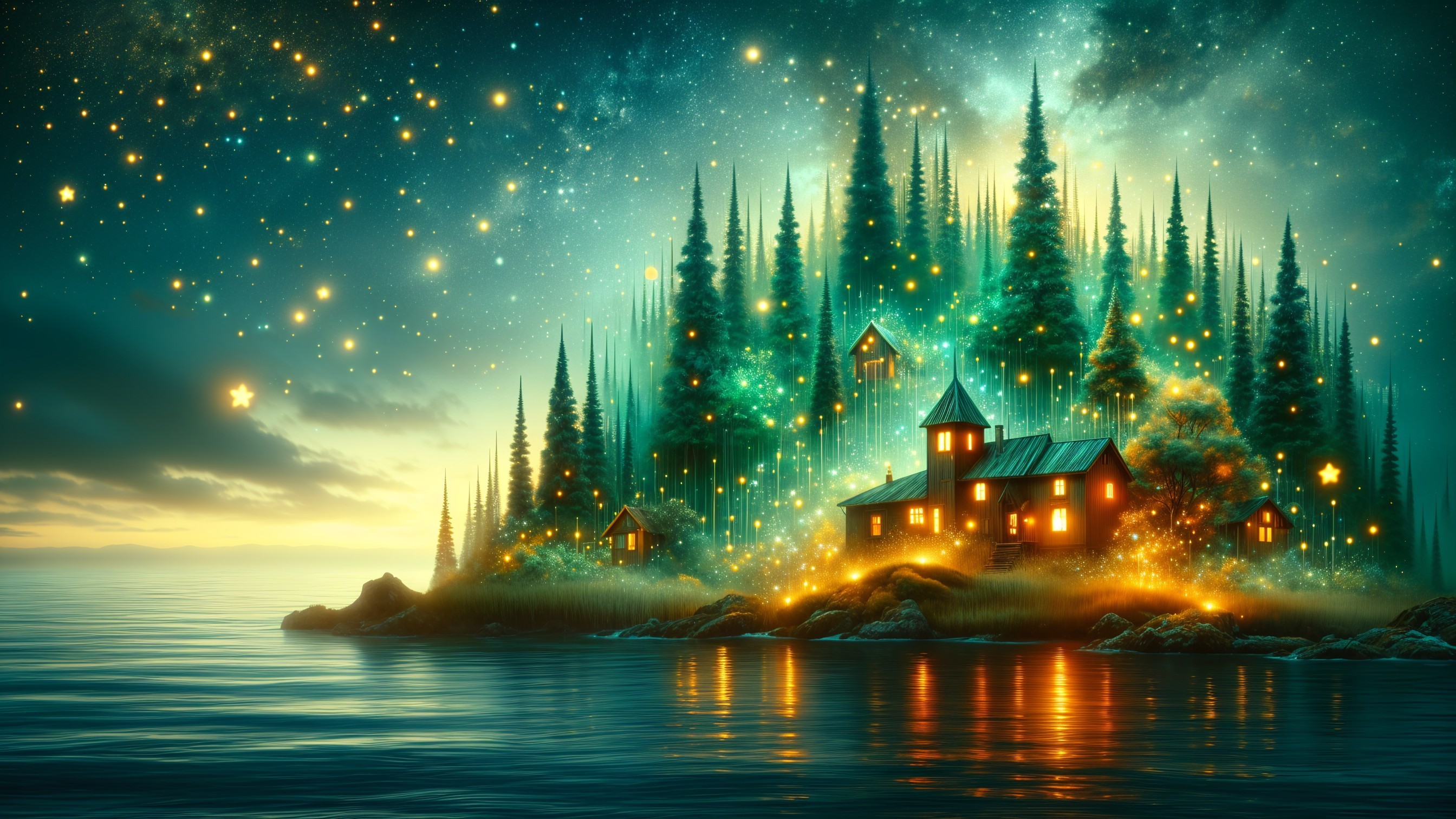 Magical Dusk Landscape with Wooden Houses and Trees