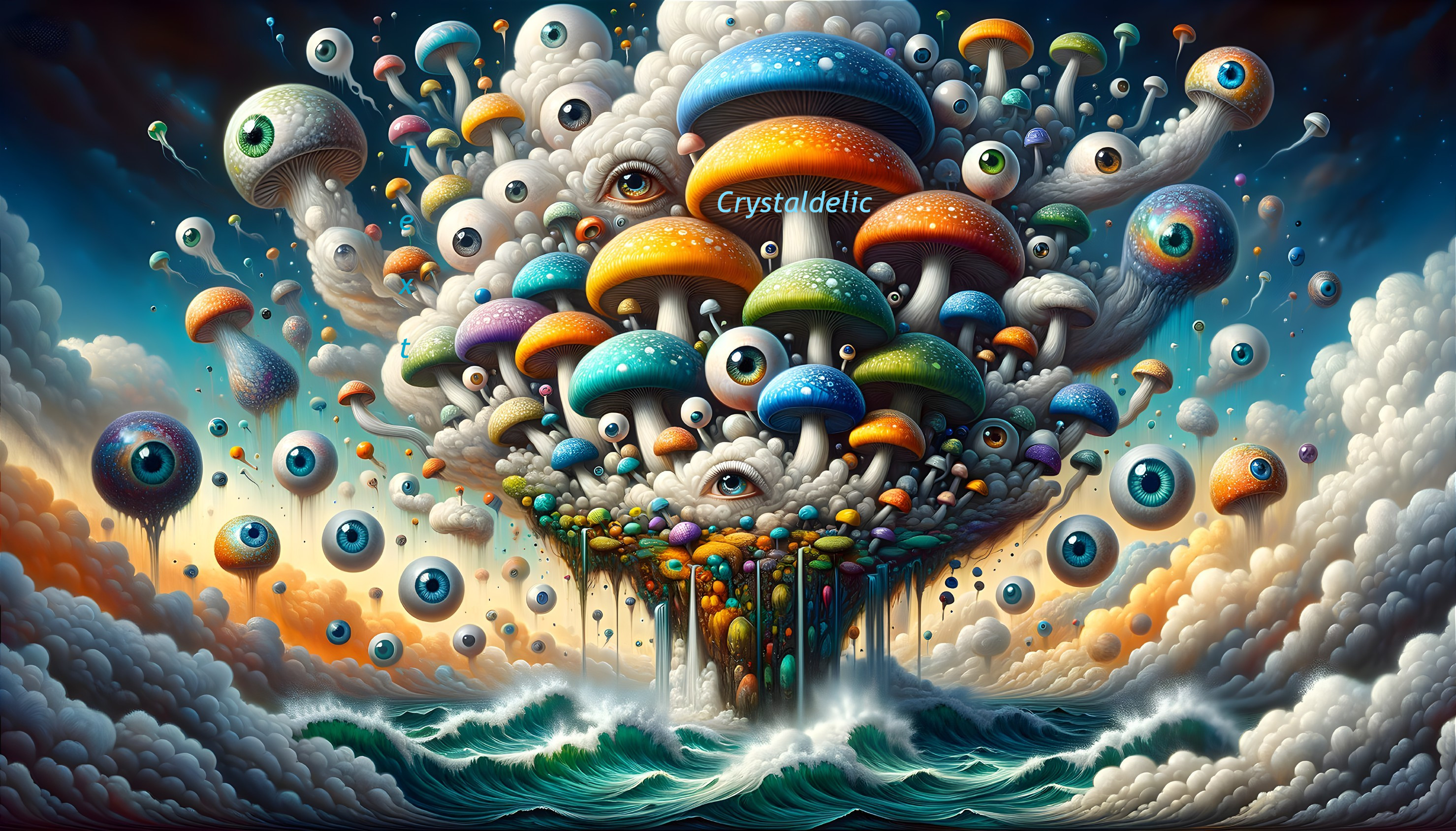 Vibrant surreal illustration: eyes, mushrooms, creatures above sea