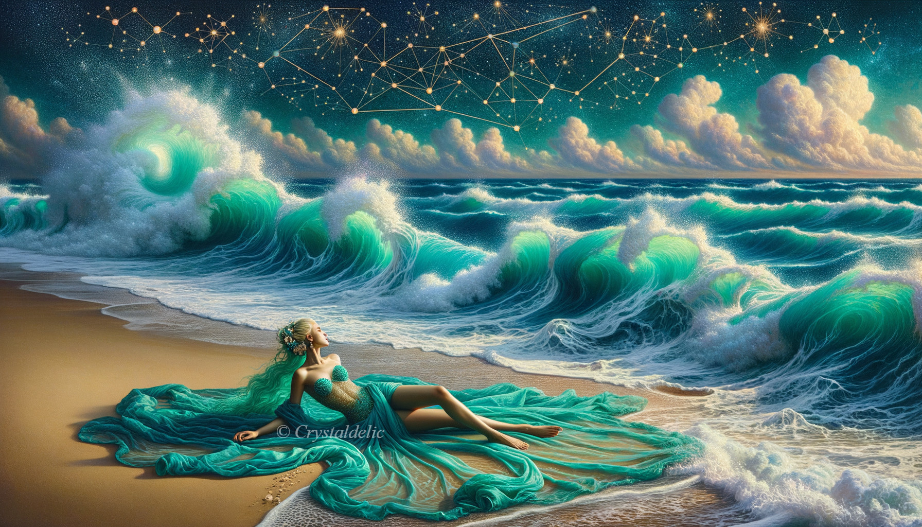 Serene Figure on Sandy Shore Under Starry Sky