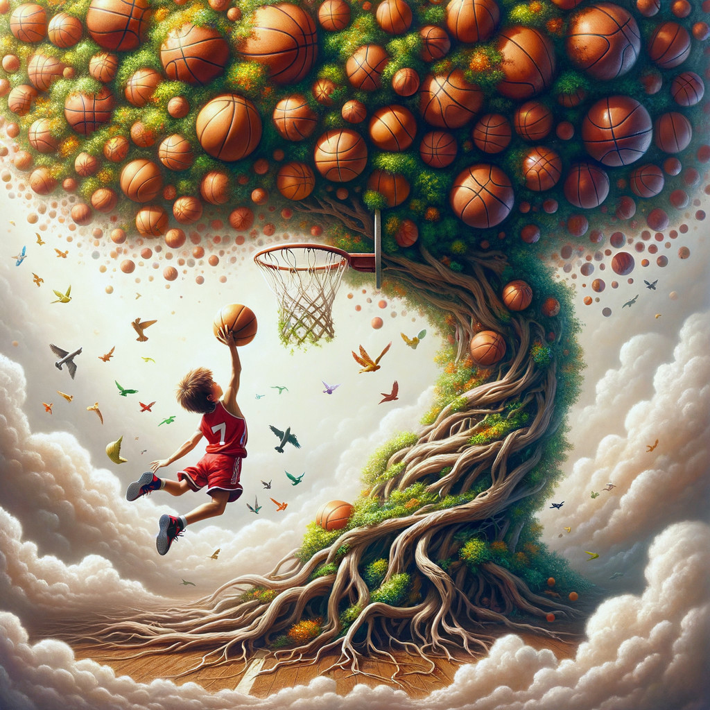 Whimsical Basketball Scene with Colorful Tree and Player