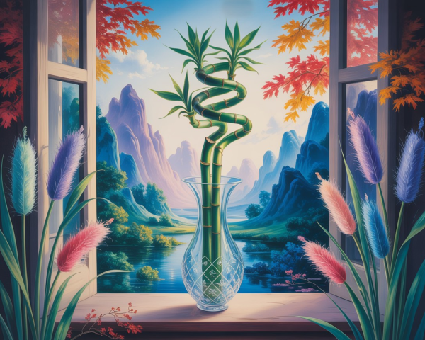 Serene Window Scene with Bamboo and Autumn Foliage