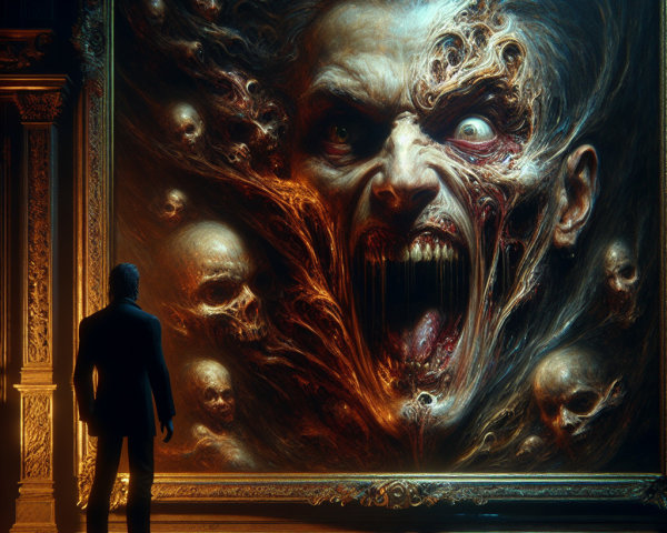 Formal Attire and Dark Grotesque Artwork Contrast