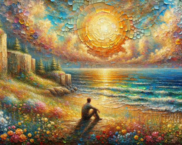 Serene Ocean Landscape with Colorful Sunset and Flowers