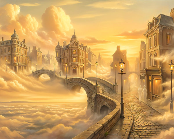 Dreamlike Cityscape Above Clouds at Sunset