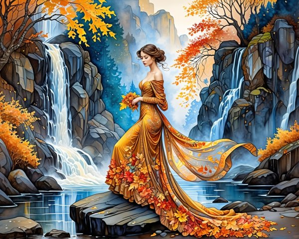Graceful Woman in Golden Gown by Tranquil Lake