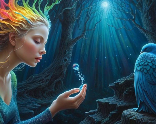 Mystical forest scene with colorful hair and magic bubble