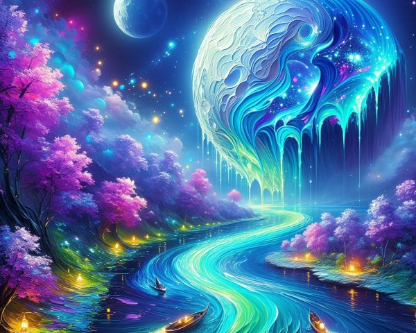 Dreamlike Landscape with River and Colorful Moon