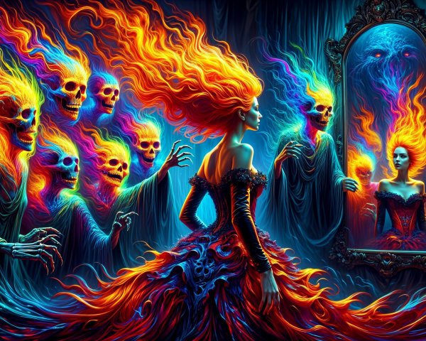Dramatic scene of a woman in a fiery gown with ghosts