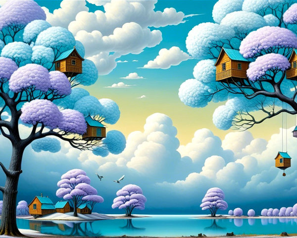 Whimsical landscape with vibrant trees and lake reflection