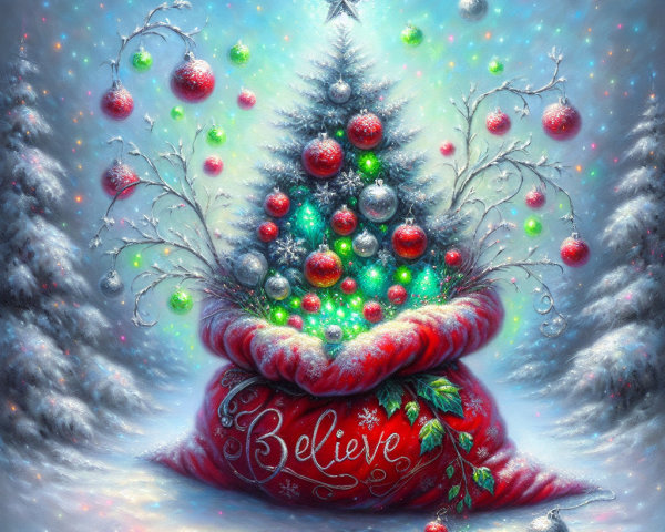 Surreal Christmas Tree Emerging from Santa's Bag