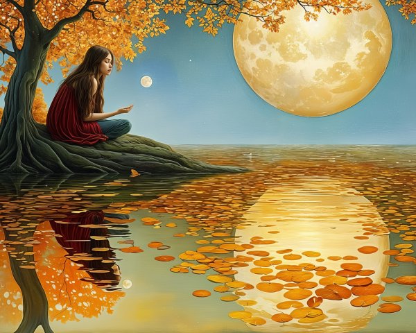 Serene Girl on Rocky Shore with Vibrant Foliage