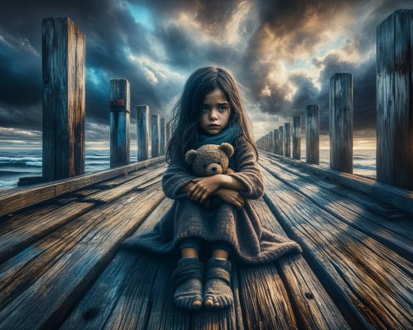 Little Girl on Pier with Teddy Bear and Ocean View