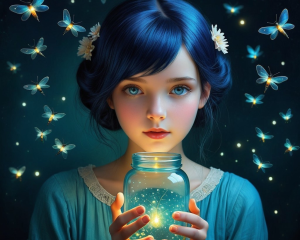 Young girl with blue hair and glowing jar in fireflies