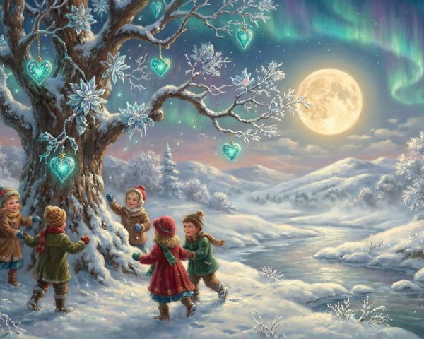 Aurora Borealis Over Snowy Landscape with Children