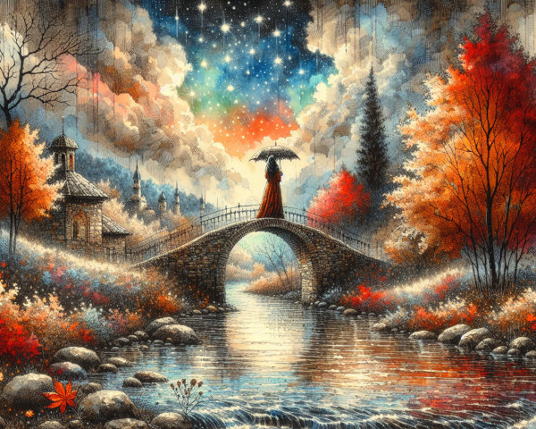 Serene Landscape with Stone Bridge and Autumn Foliage