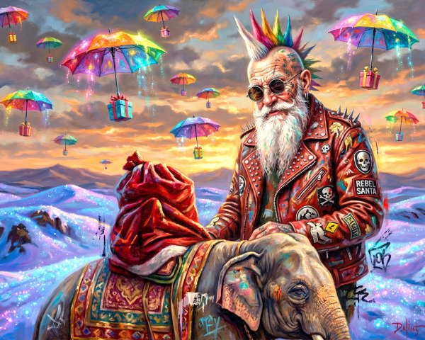 Punk Rock Santa Claus Portrait on Colorful Elephant