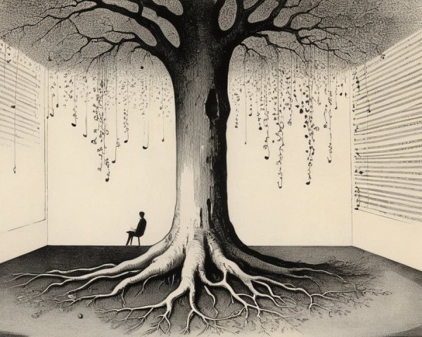 Minimalist Room with Large Tree and Solitary Figure