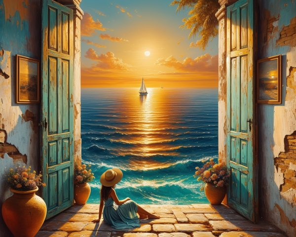 Seascape at Sunset with Girl in Turquoise Dress