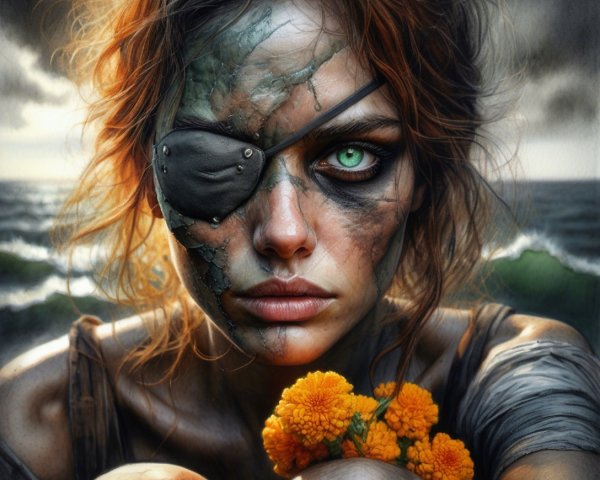 Woman with Eye Patch and Flowers Against Sea Background