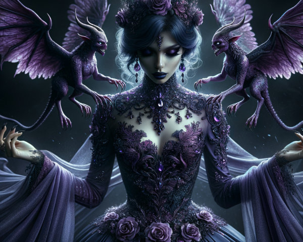 Mystical Figure in Purple Gown with Dragon Creatures