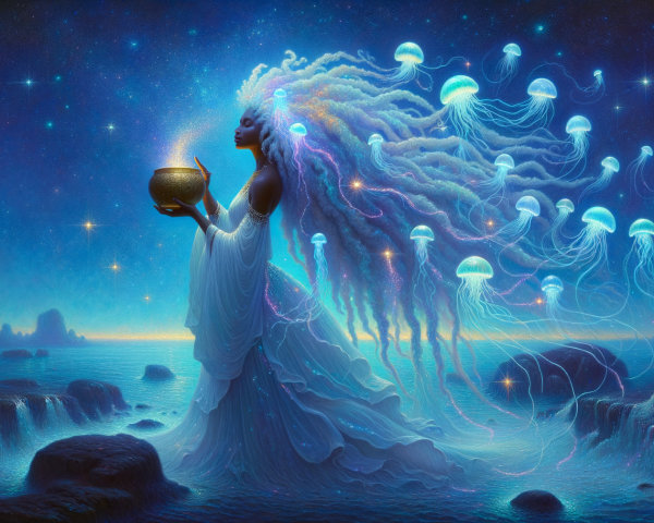 Mystical Figure by Ocean with Ethereal Jellyfish