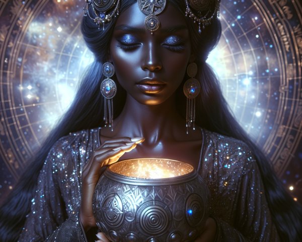 Mystical Figure with Ornate Bowl Against Cosmic Background