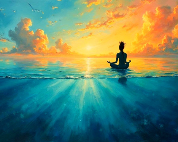 Meditation on Ocean at Sunset with Vibrant Colors