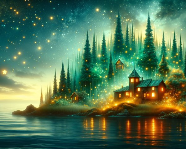 Magical Dusk Landscape with Wooden Houses and Trees
