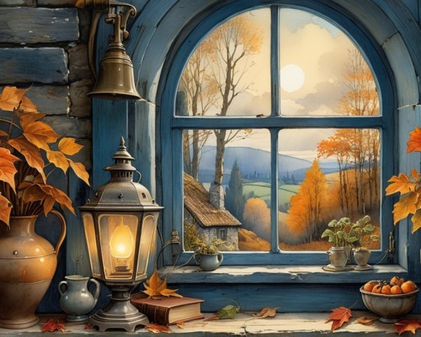 Cozy Autumn Window Scene with Vibrant Colors
