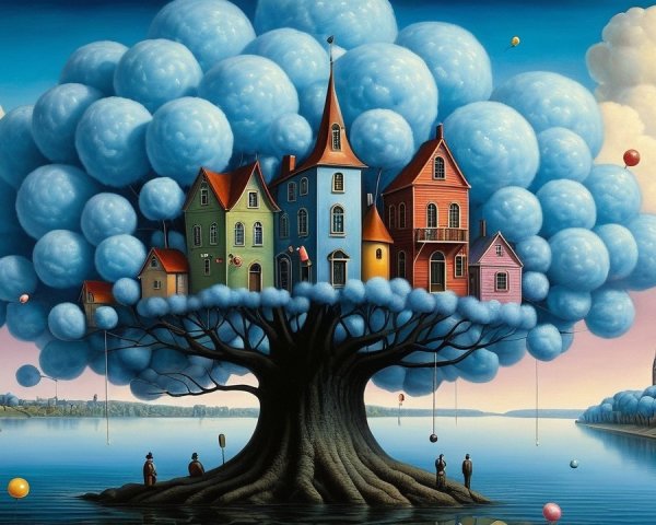 Whimsical Tree with Colorful Houses and Calm Water