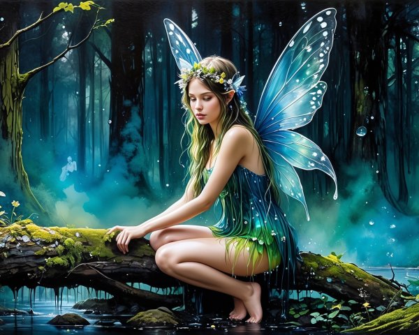 Fairy with Blue-Green Wings in a Mystical Forest