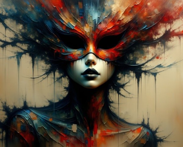 Intricate Masked Figure with Vibrant Colors and Shadows