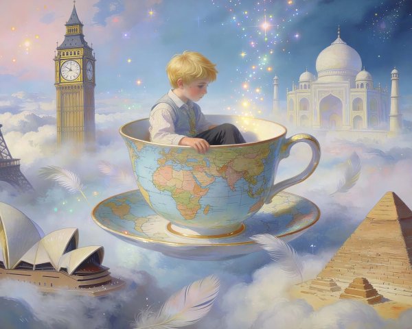 Dreamy Digital Painting of a Boy in a Teacup