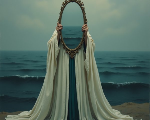Ethereal Figure with Mirror on Tranquil Beach Scene