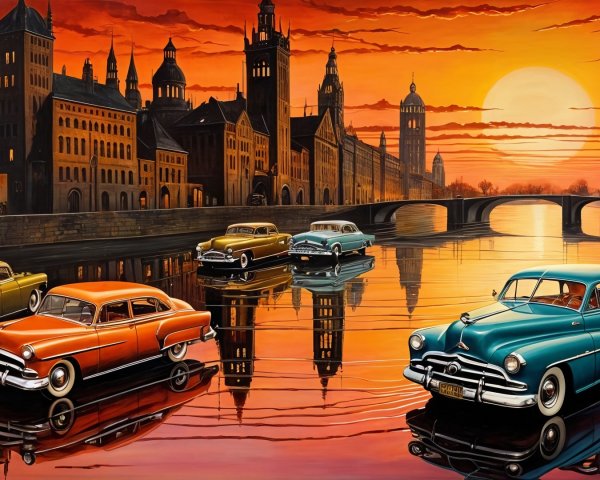 Vibrant Sunset Over Cityscape with Classic Cars