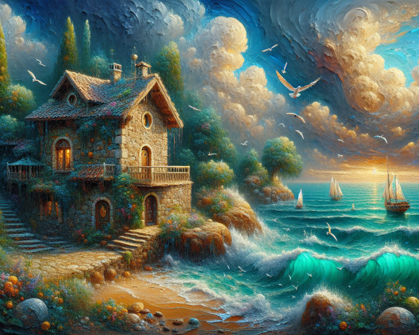 Seaside Scene with Stone Cottage and Vibrant Nature