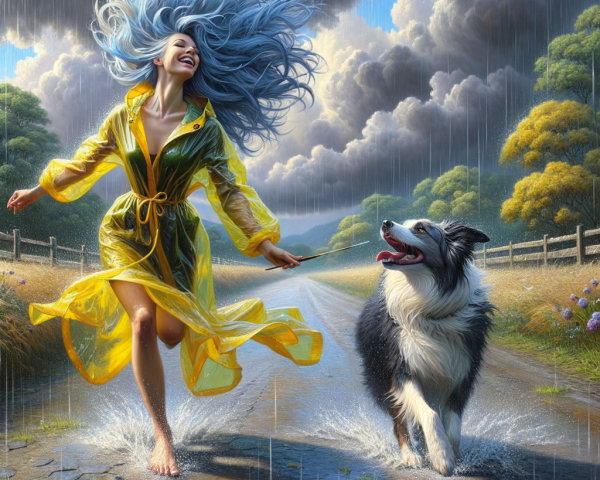 Woman in yellow raincoat runs with dog on rainy path