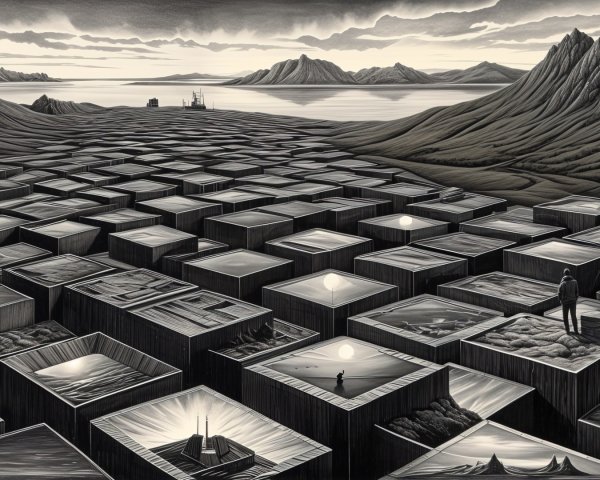 Surreal Landscape with Cubic Structures and Mountains