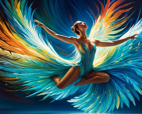 Dancer in Vibrant Feathers with Dynamic Movement