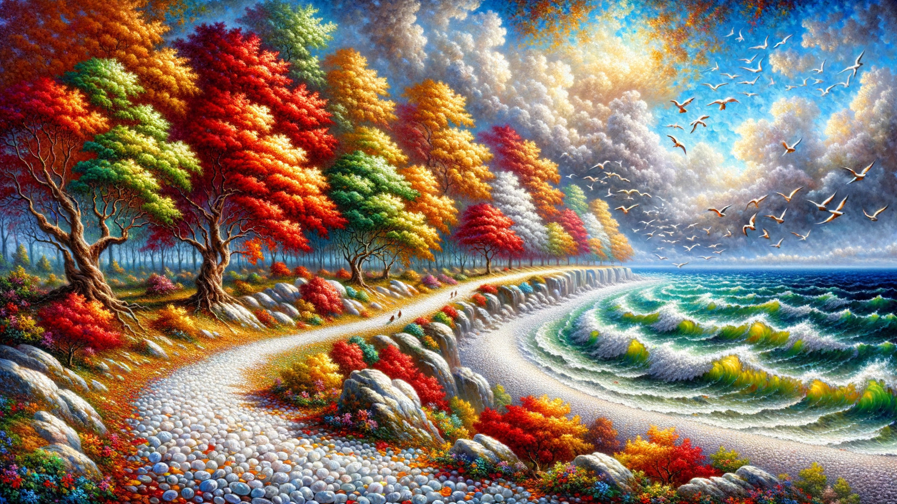 Vibrant Autumn Landscape with Winding Path and Shoreline
