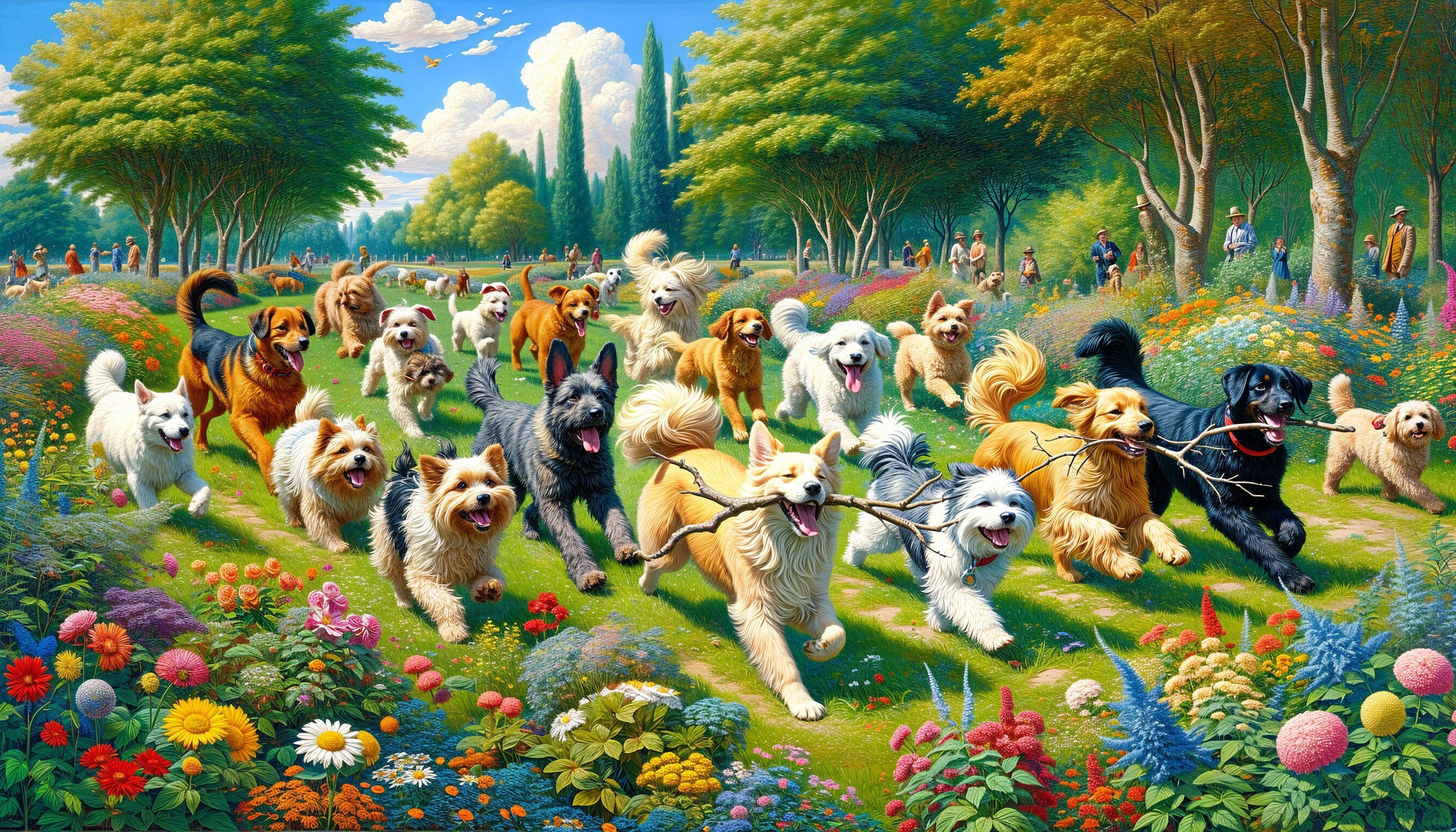 Vibrant Park Scene with Dogs in Colorful Meadow
