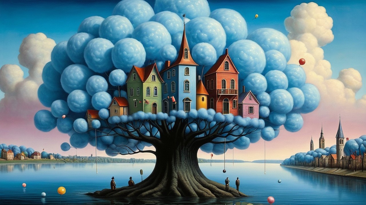 Whimsical Tree with Colorful Houses and Calm Water