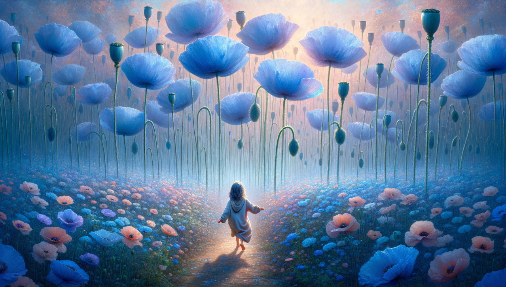 Surreal Landscape with Ethereal Flowers and Pathway