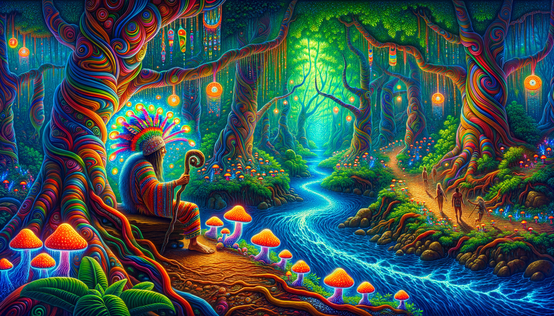 Surreal Forest Scene with Colorful Figure and Travelers