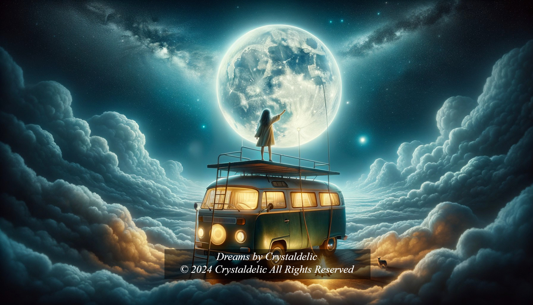 Vintage van on clouds with luminous moon and stars